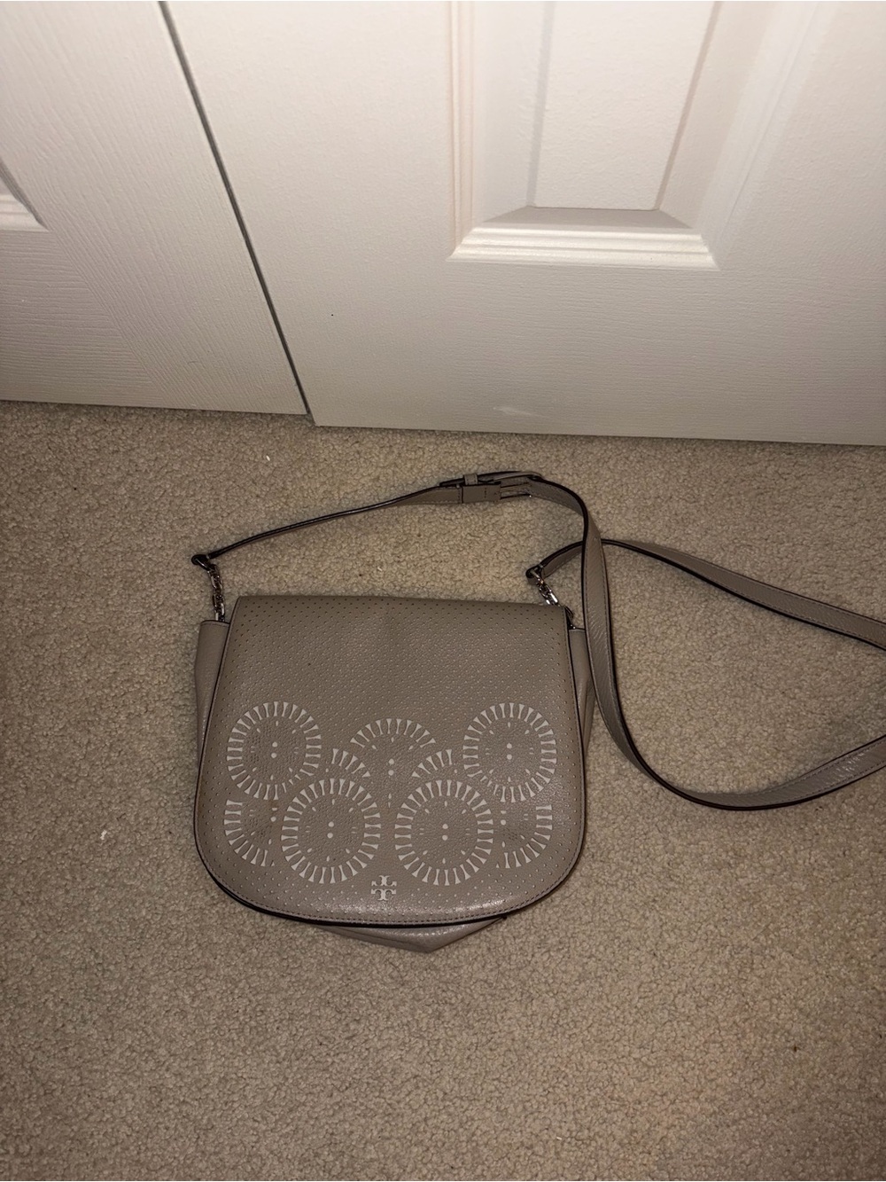 Tory Burch Grey-Tan Laser Cut Leather Crossbody Purse